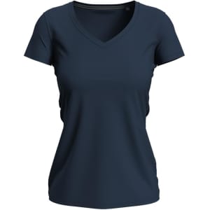 A navy women's t-shirt with a V-neck design, featuring short sleeves and a fitted silhouette.