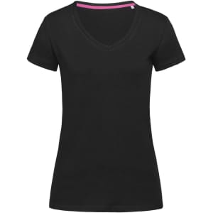 A black women's t-shirt with a V-neck design and short sleeves, featuring a pink accent on the neckline.