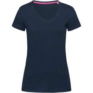 A women's navy V-neck T-shirt featuring a fitted style and a contrasting pink neckline. It has a logo.