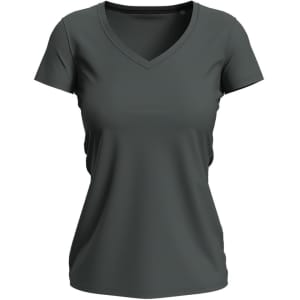 A women's V-neck t-shirt in a dark green colour, featuring a fitted design and short sleeves. It has a logo.