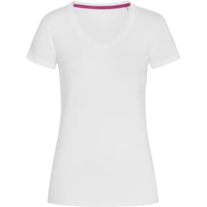 A white women's V-neck T-shirt with short sleeves and a purple trim inside the neckline. It features a logo.