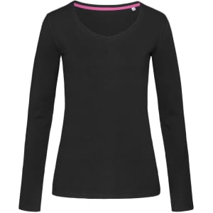 A black women's long sleeve t-shirt featuring a V-neck design and a contrasting inner neckline.