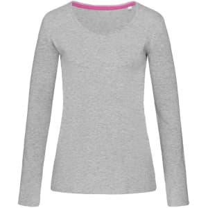 A grey women's long sleeve t-shirt with a V-neck, featuring a contrasting inner neckline and a logo.