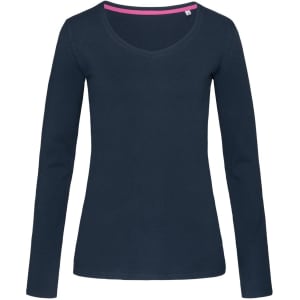 A navy long sleeve women's t-shirt with a V-neck design and a contrasting inner neckline. It features a logo.