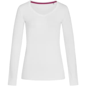 A women's long sleeve V-neck shirt in white with a contrasting inner neckline. Features a logo.