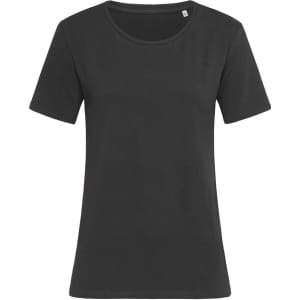 A black women's crew neck t-shirt with short sleeves and a relaxed fit, featuring a subtle branding tag.