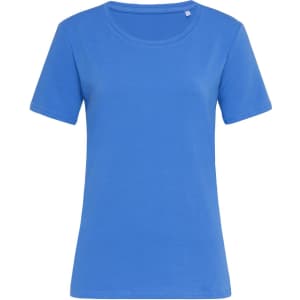 A blue women's crew neck t-shirt with short sleeves and no visible logos or branding.