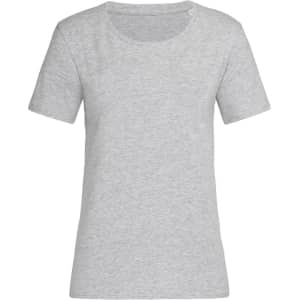 A grey women's crew neck t-shirt with short sleeves and a relaxed fit. It features a logo on the label.