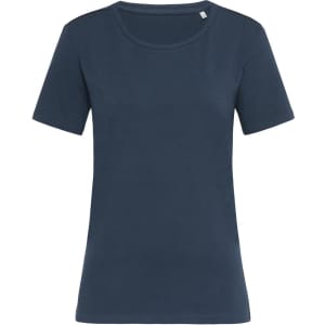 A women's crew neck t-shirt in dark blue, featuring short sleeves and a simple design with a logo.