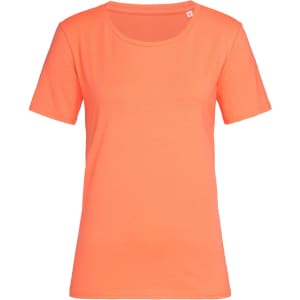 A women's crew neck t-shirt in bright orange with short sleeves and a round neckline. Features a small logo.