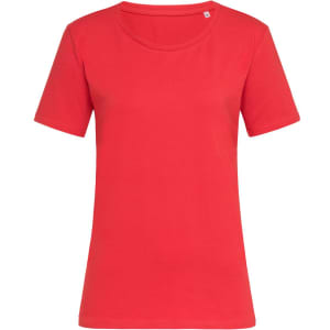 A red women's crew neck t-shirt with short sleeves and a fitted shape, featuring a small logo.