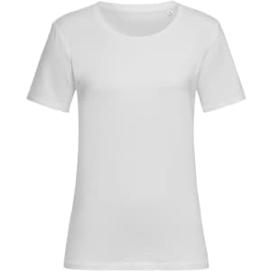 A women's white crew neck T-shirt with short sleeves and a small logo detail.