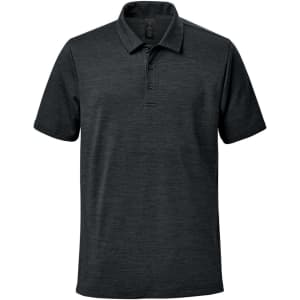 A dark grey polo shirt featuring a classic collar and a branded logo. Short sleeves and a textured fabric design.