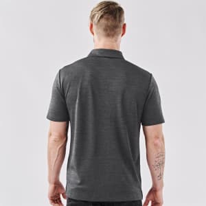 A men's polo shirt in dark grey, featuring a classic collar and a logo on the back.