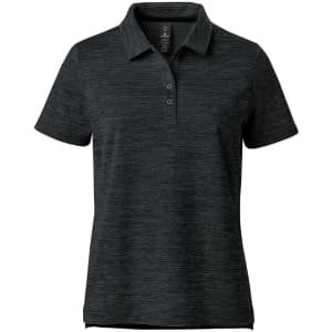A women's polo shirt in a textured black design featuring a classic collar and three-button placket. It has a logo.