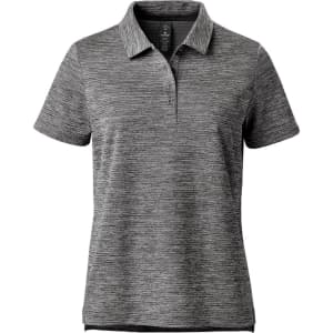 A women's polo shirt in a grey marled design, featuring a classic collar and three-button placket. It has a logo.