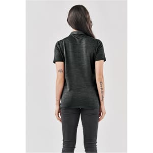 A dark grey women's polo shirt with a short sleeve design, seen from the back. The shirt features a subtle texture.