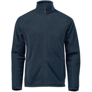A navy blue polar fleece jacket with a zip front and side pockets. It features a high collar and has a logo.