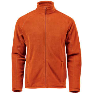 An orange polar fleece jacket with a high collar and zip front, featuring side pockets. It has a logo.