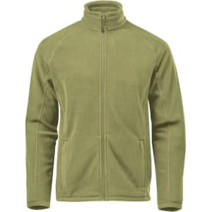 A men's polar fleece jacket in olive green with a zip front and a high collar. It features side pockets and has a logo.