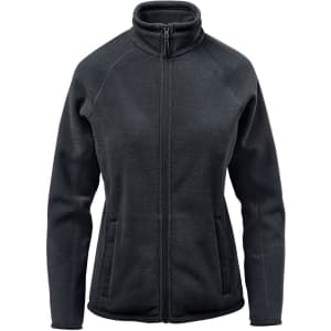 A women's polar fleece jacket in dark grey, featuring a high collar and zippered front with side pockets.