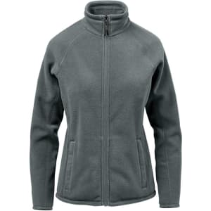 A green women's fleece jacket featuring a high collar and zip front, with side pockets and a logo.
