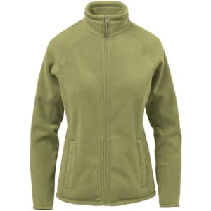 A women's polar fleece jacket in olive green with a zip front and side pockets. Features a high collar and fitted design.