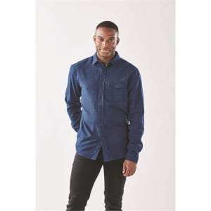 A long sleeve twill shirt in navy with a button-up front and a chest pocket, featuring a logo.