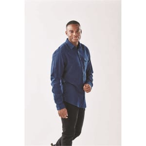 Men's long sleeve twill shirt in navy blue, featuring a button-up design and a chest pocket. Includes branding.
