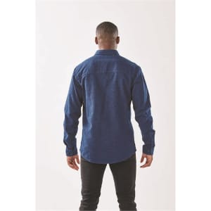A blue men's long sleeve twill shirt displayed from the back, featuring button-up cuffs and a collar.