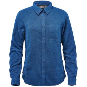 A women's long sleeve button-up shirt in a rich blue hue with a chest pocket and a logo on the collar.