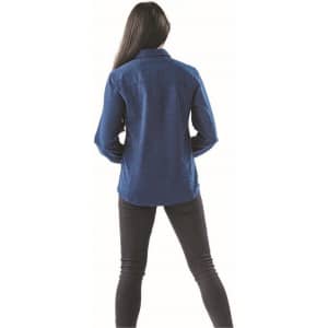 Long sleeve twill shirt in navy blue, featuring a button-up design and a logo. Viewed from the back.