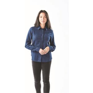 A button-up shirt in navy blue with long sleeves and a collar. It features a logo and is styled on a model.