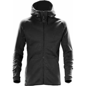 A black men's hoodie with a zip front, hood, and pockets, featuring a branding logo.