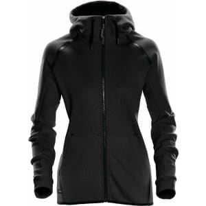 A black women's hoodie with a zip front, pockets, and a hood, featuring a logo on the side.