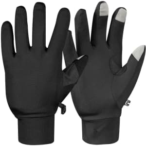A pair of black touchscreen gloves featuring a logo, with grey tips for finger sensitivity.