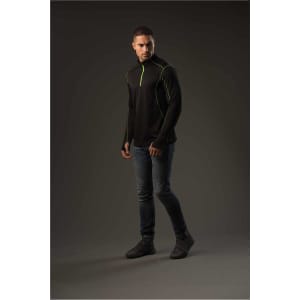 A men's black fleece pullover with neon green detailing, featuring a high collar and a zip neck.
