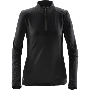A women's black fleece pullover with a half zip and long sleeves, featuring a logo.
