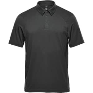 A black men's polo shirt with short sleeves and a collar, featuring a logo on the chest.