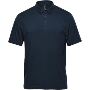 A navy blue men's polo shirt with a collared neckline and short sleeves. It features a logo on the chest.