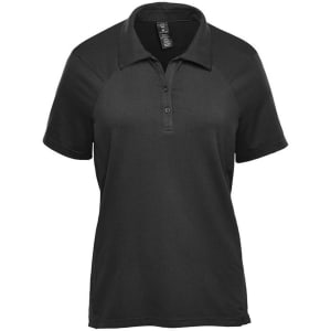 A black women's polo shirt with a collar, featuring short sleeves and a logo.