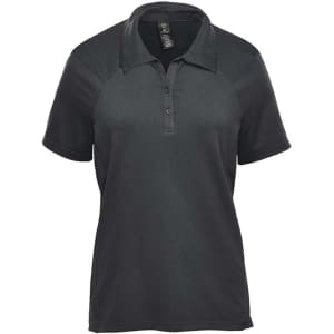 A women's short sleeve polo in black, featuring a collar and buttons, with a logo on the chest.