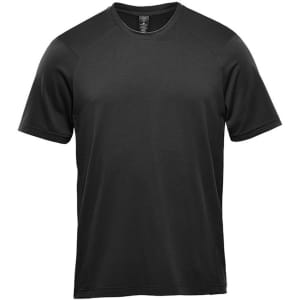A black short sleeve tee with a sporty design, featuring raglan sleeves and a logo on the front.