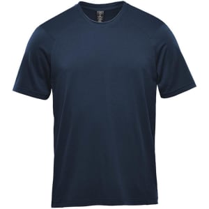A navy short sleeve performance tee with a simple design and an unbranded logo.