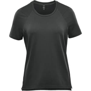 A women's short sleeve tee in dark grey, featuring a simple design and a logo.