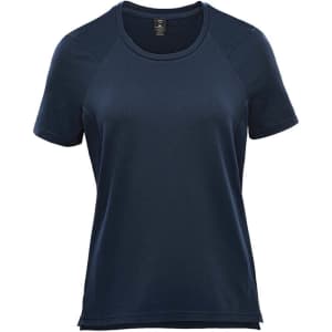 A women's short sleeve tee in navy blue, featuring a round neckline and a logo on the fabric.