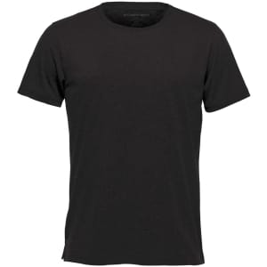 A black crew neck t-shirt featuring short sleeves and a subtle logo. Ideal for casual wear.