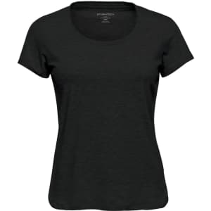 A women's black crew neck T-shirt with short sleeves, featuring a simple design and a logo on the label.