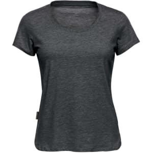A dark grey women's crew neck t-shirt with short sleeves and a subtle logo on the side.