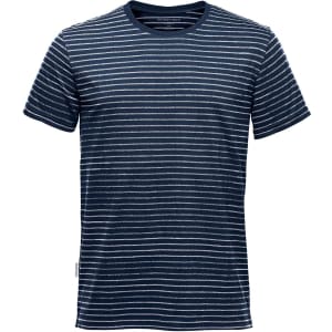 A navy blue striped crew neck t-shirt with a logo on the side. Short sleeves and a casual fit.